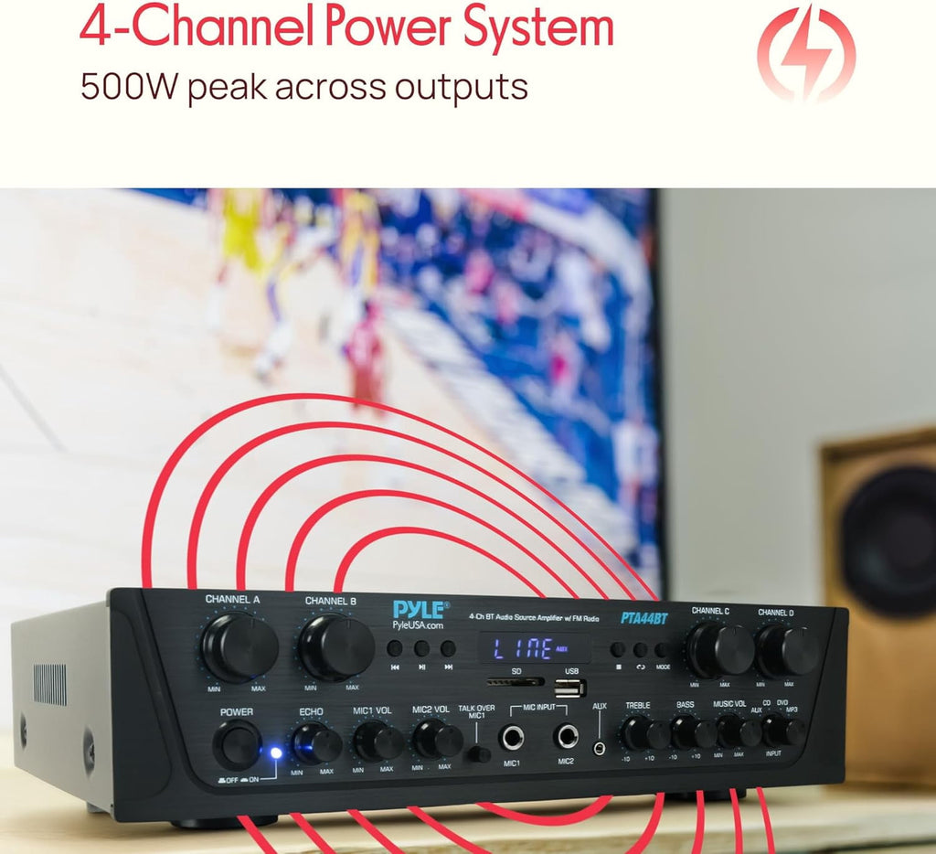 Pyle PTA44BT Bluetooth Home Audio 500 Watt 4 Channel Amplifier Stereo Receiver