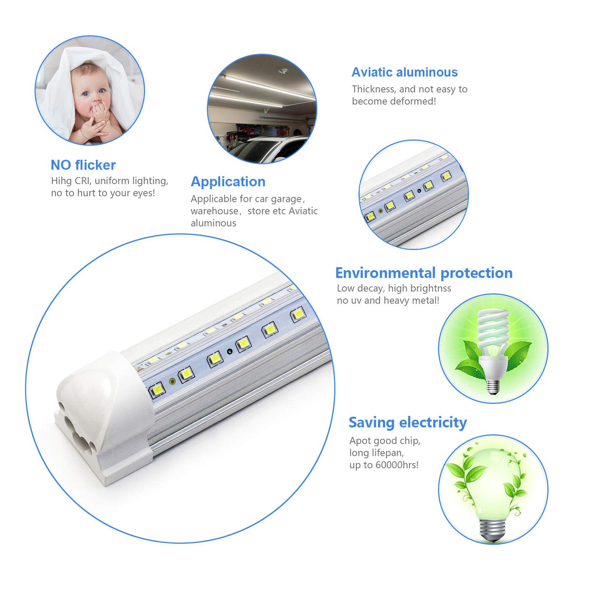 10-Pack 8ft LED Shop Light Fixture - 90W T8 Integrated LED Tube Light - 6500K 12000LM V-Shape Linkable - High Output - Clear Cover - Plug and Play