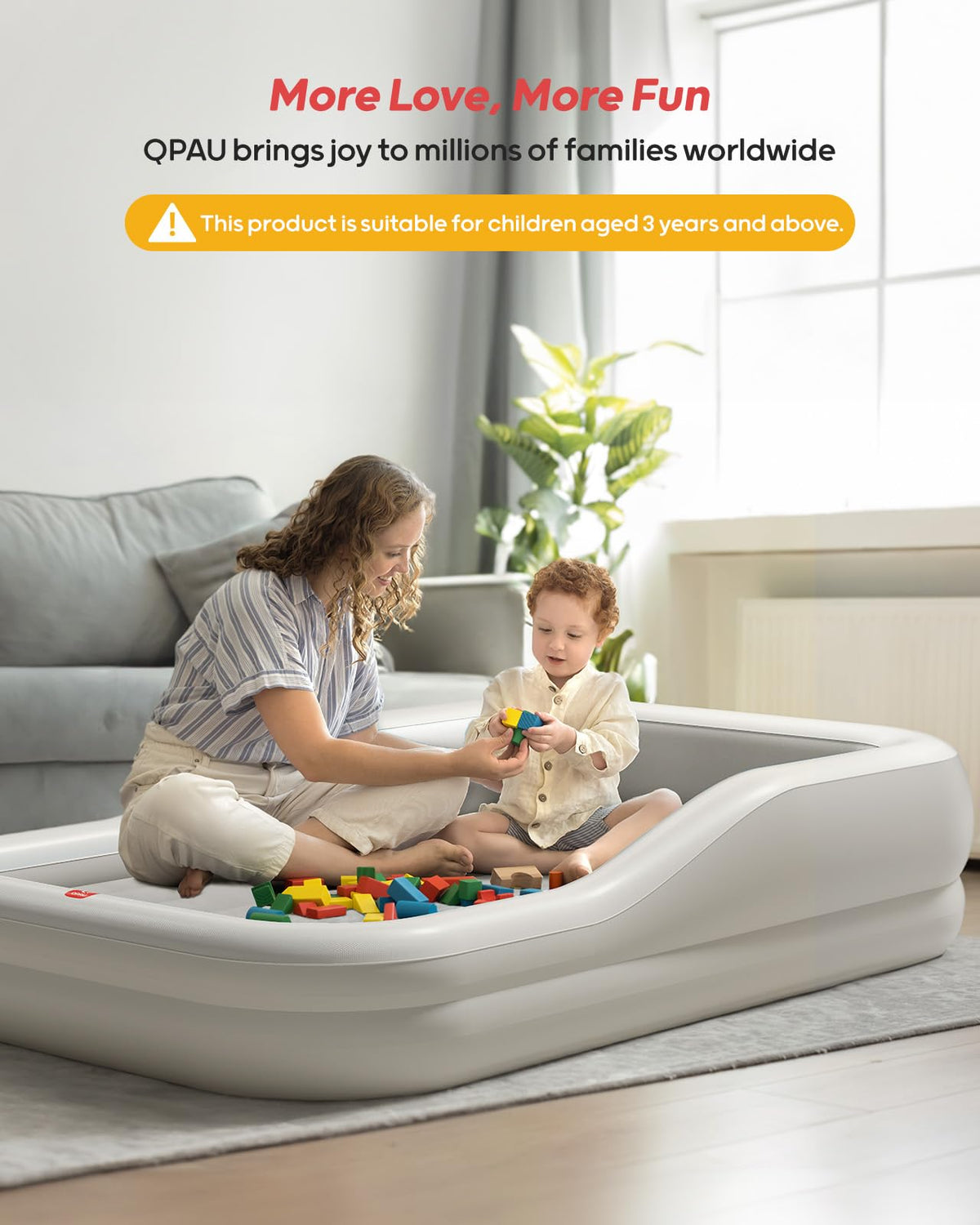QPAU Inflatable Toddler Travel Bed with 3-Sided, Extra Large, Gray