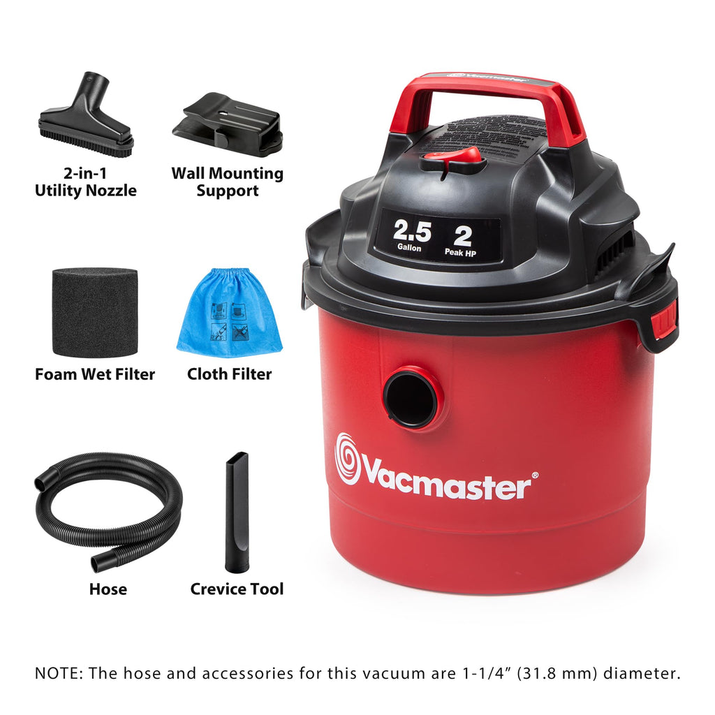 Vacmaster VOM205P 1101 2.5-Gal 2 Peak HP Wall Mount Wet/Dry Vacuum Red