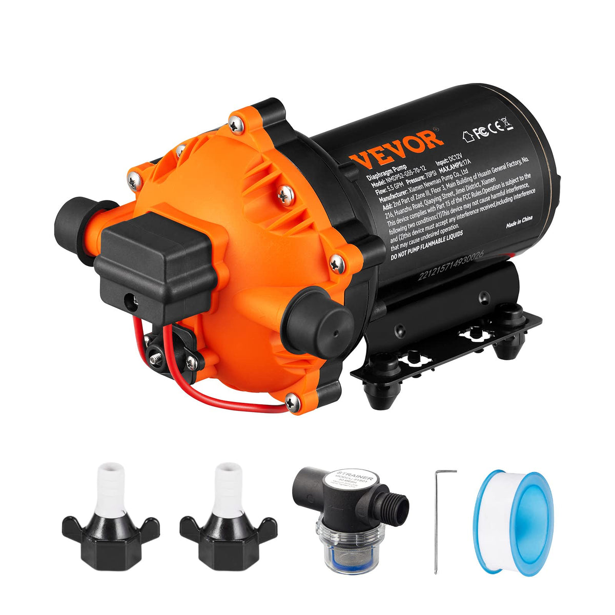VEVOR Water Diaphragm Pump 12V DC 5.5 GPM Flow 70 PSI Rated Pressure