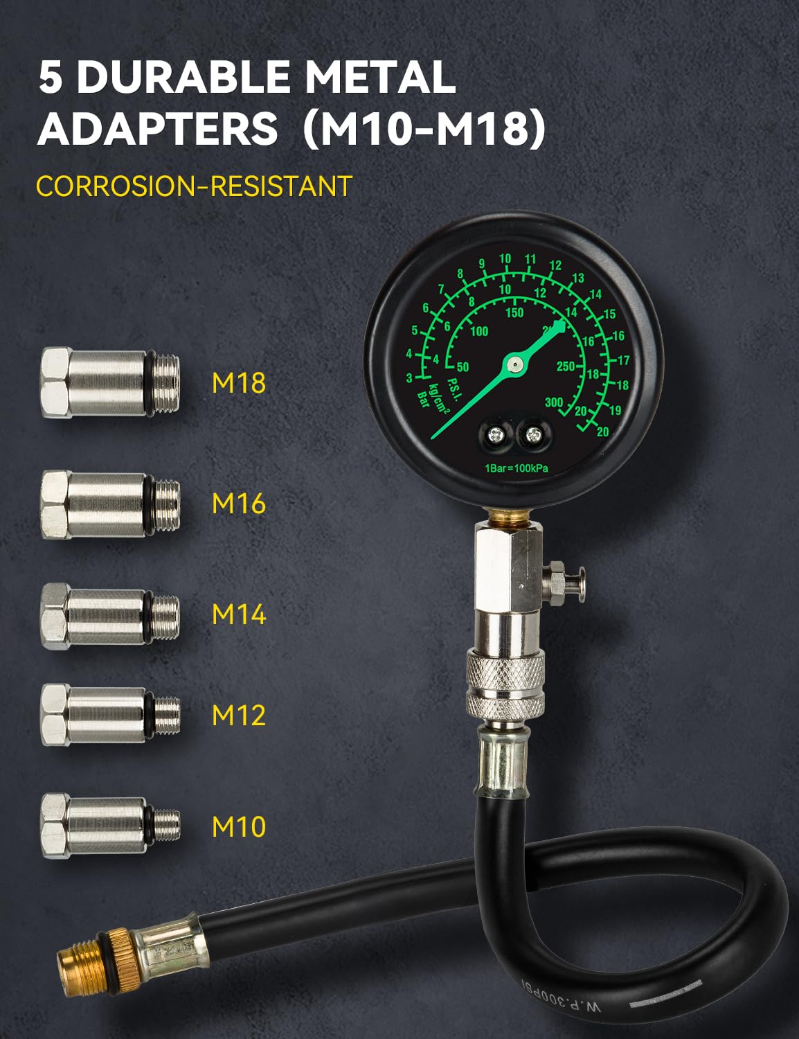 Professional Compression Tester Kit with Fluorescent Gauge – 300 PSI Triple-Scale, 2 Spark Plug Testers, 13-Piece Set for Car, Truck, ATV & Small Gas