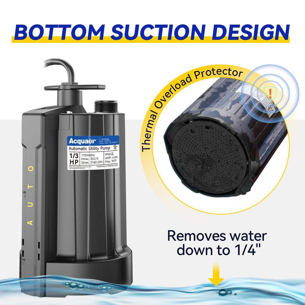 1/3 HP Automatic Submersible Water Pump, 2160 GPH Sump Pump, 115V