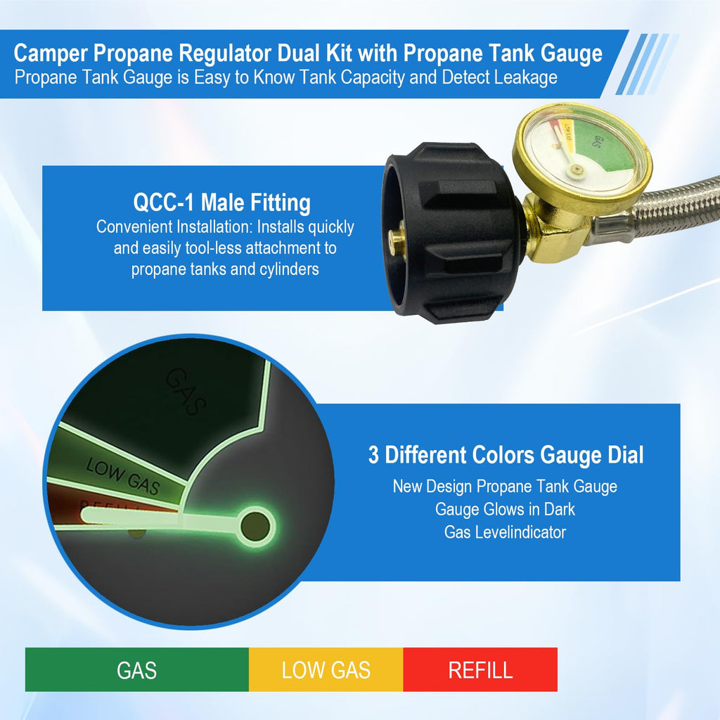 Rv Propane Regulator 2 Tank Hoses, LP Gas Regulator 2-Stage Auto Changeover Kit, Dual Tank Hoses with Propane Tank Gauge, Two-Cylinder Connection