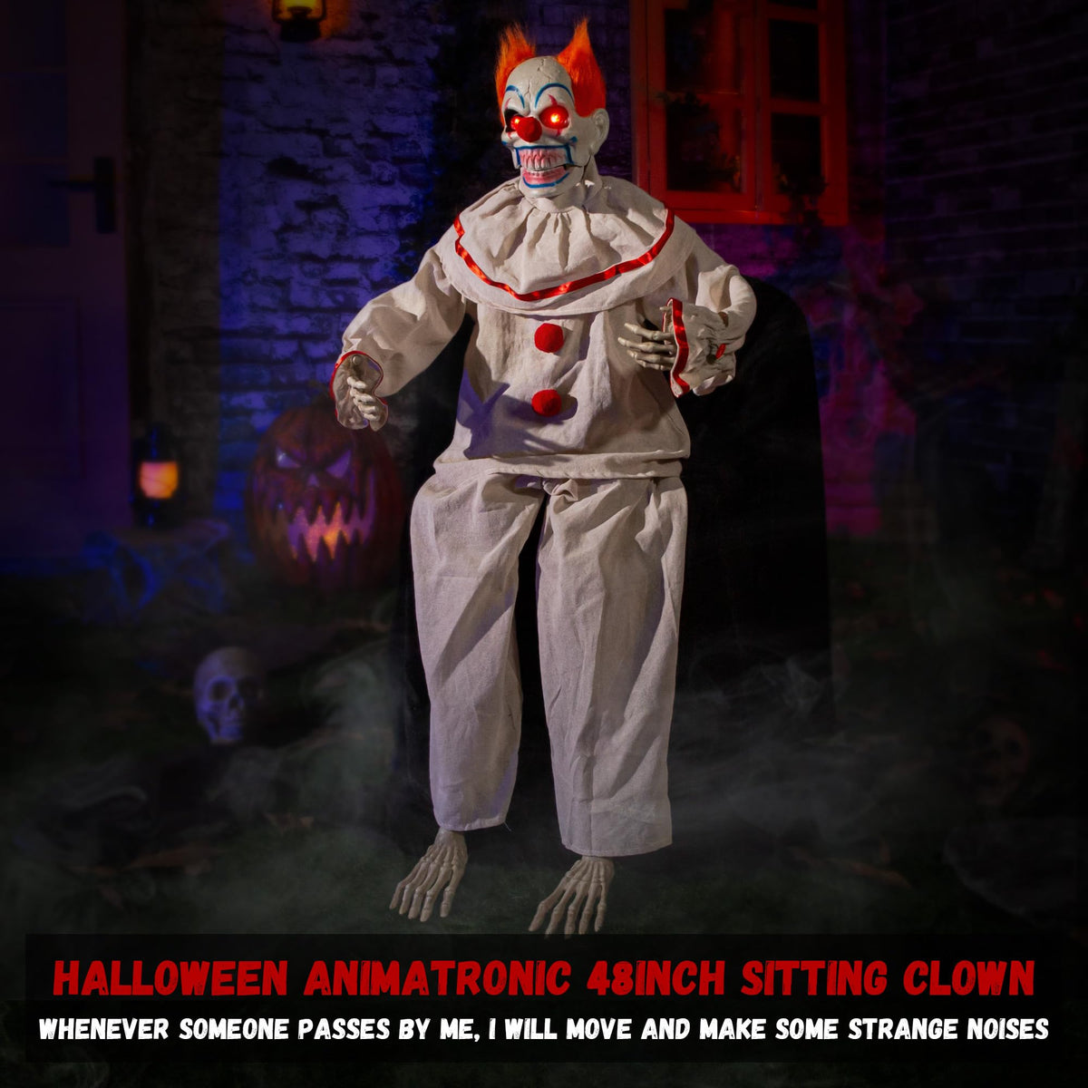 Halloween Animatronic Sitting Clown, Halloween Animated Decorations with Sound Activated, Creepy Sound, Light Up Eyes, Scary Move, Haunted House