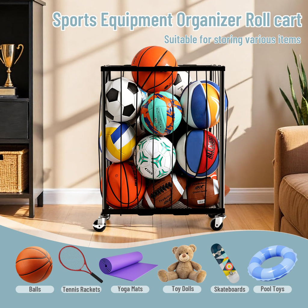 TomCare Garage Ball Storage Rack, Rolling Sports Cart with Lockable Wheels