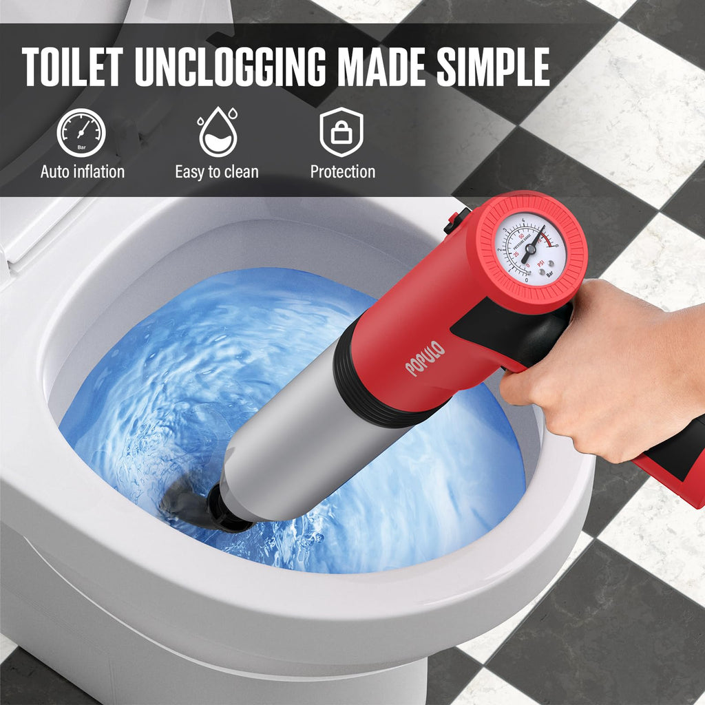 POPULO Electric Toilet Plunger, 5 Bar Air Clog Remover with Built-In Pump