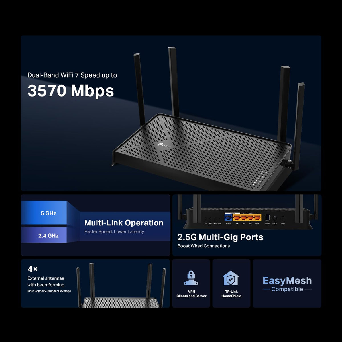 TP-Link Dual-Band BE3600 Wi-Fi 7 Router, Archer BE230