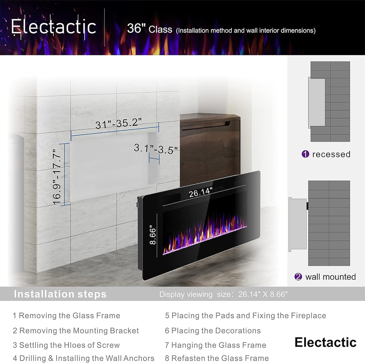 Electactic 36 Inch Electric Fireplace Insert Ultra-Thin - Recessed & Wall-Mounted Fireplace Heater with Thermostat, Adjustable Flame, Remote Control