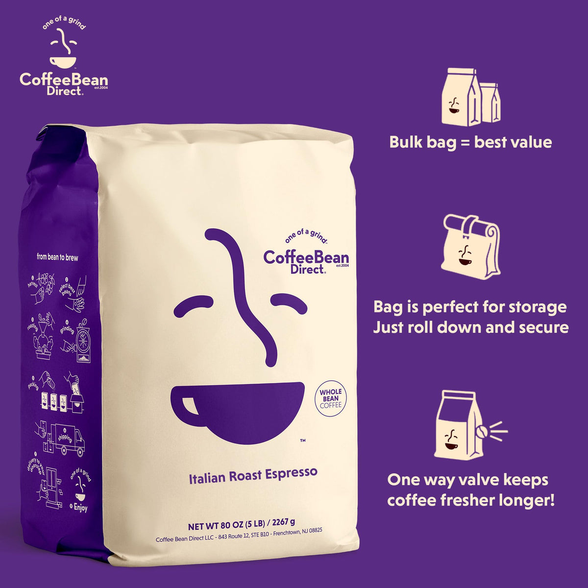 Coffee Bean Direct Italian Roast Espresso, Whole Bean, 5lb Bag