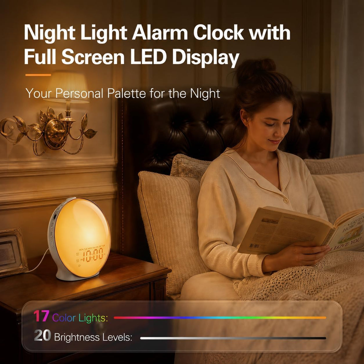 JALL Sunrise Alarm Clock for Bedrooms, Full-Screen Wake Up Light for Heavy Sleepers, White Noise Sound Machine, 25 Nature Sounds, 17 Light Modes, FM