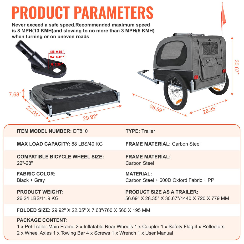 VEVOR Dog Bike Trailer, Supports up to 88 lbs, Pet Cart Bicycle Carrier, Easy Folding Frame with Quick Release Wheels, Universal Bicycle Coupler