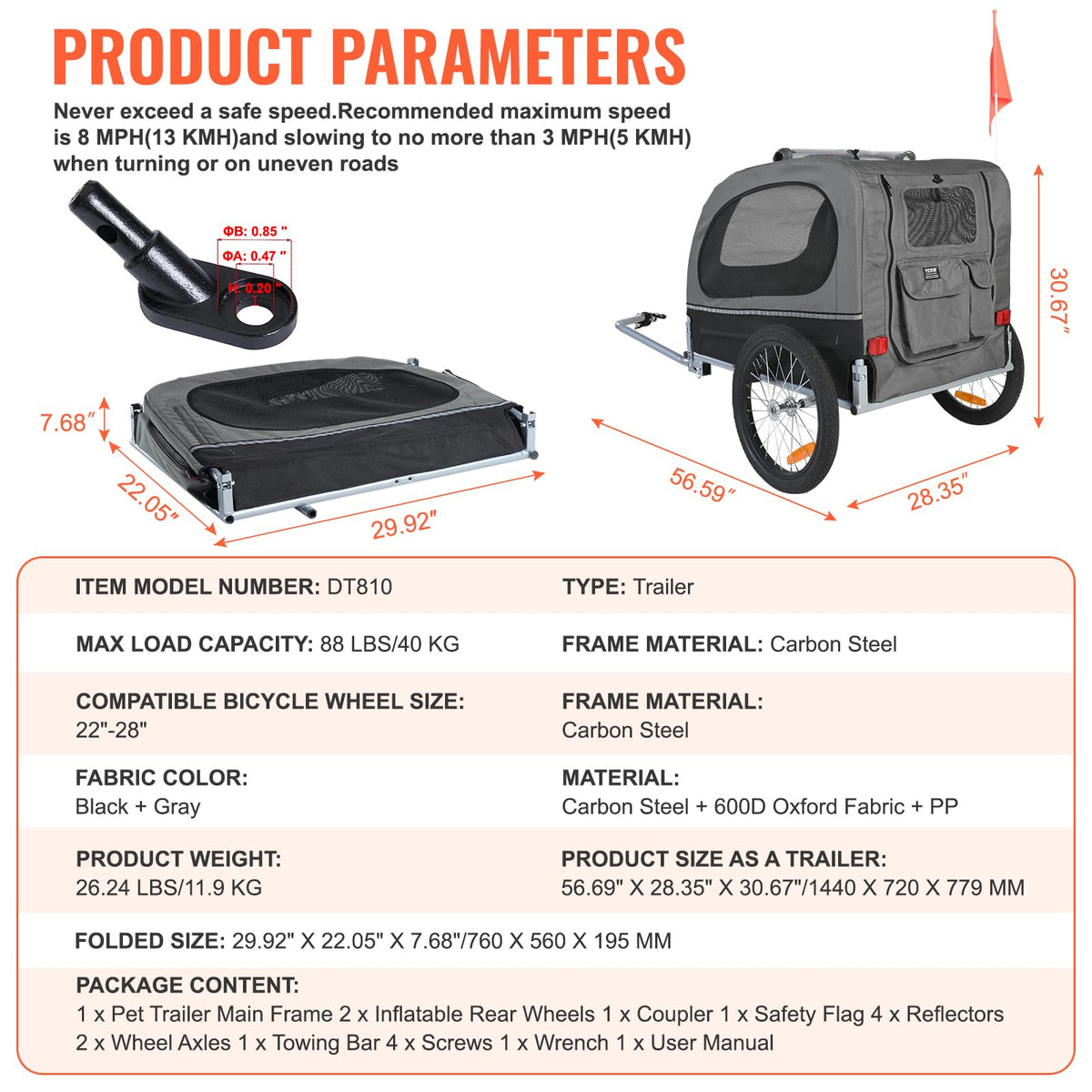 VEVOR Dog Bike Trailer, Supports up to 88 lbs, Pet Cart Bicycle Carrier, Easy Folding Frame with Quick Release Wheels, Universal Bicycle Coupler