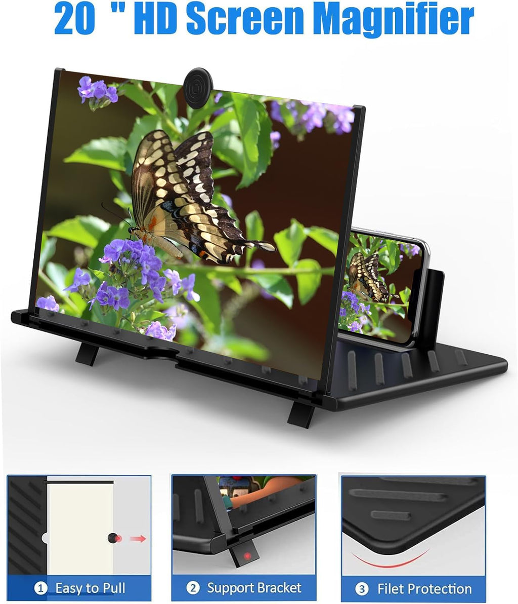 20" Screen Magnifier – 3D HD Cell Phone Magnifing Screen Enlarger Projector for Movies Videos and Gaming – Foldable Phone Stand Holder with Screen