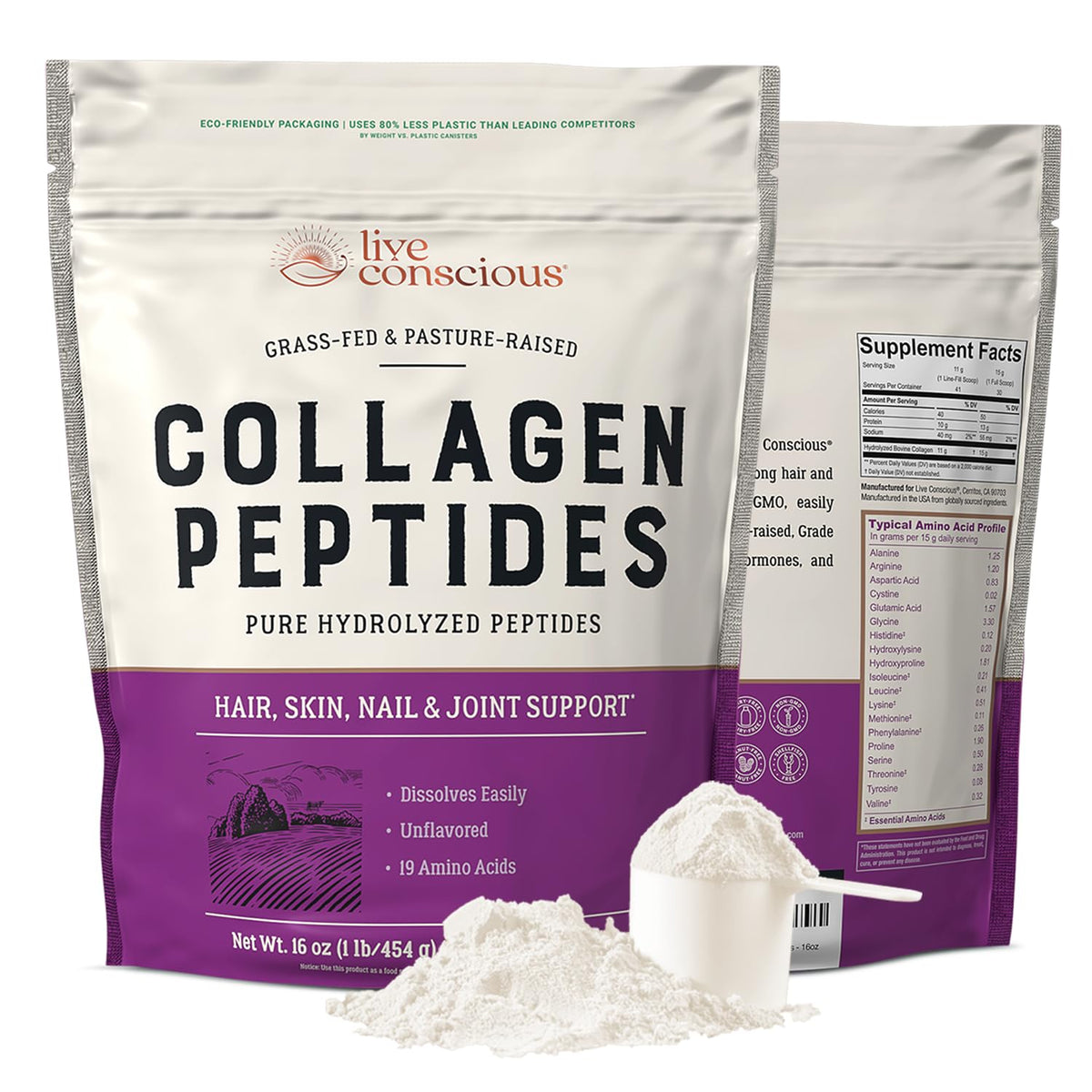 Live Conscious Collagen Peptides Powder - Naturally-Sourced Hydrolyzed Collagen Powder - Hair, Skin, Nail, and Joint Support - Type I & III Grass-Fed