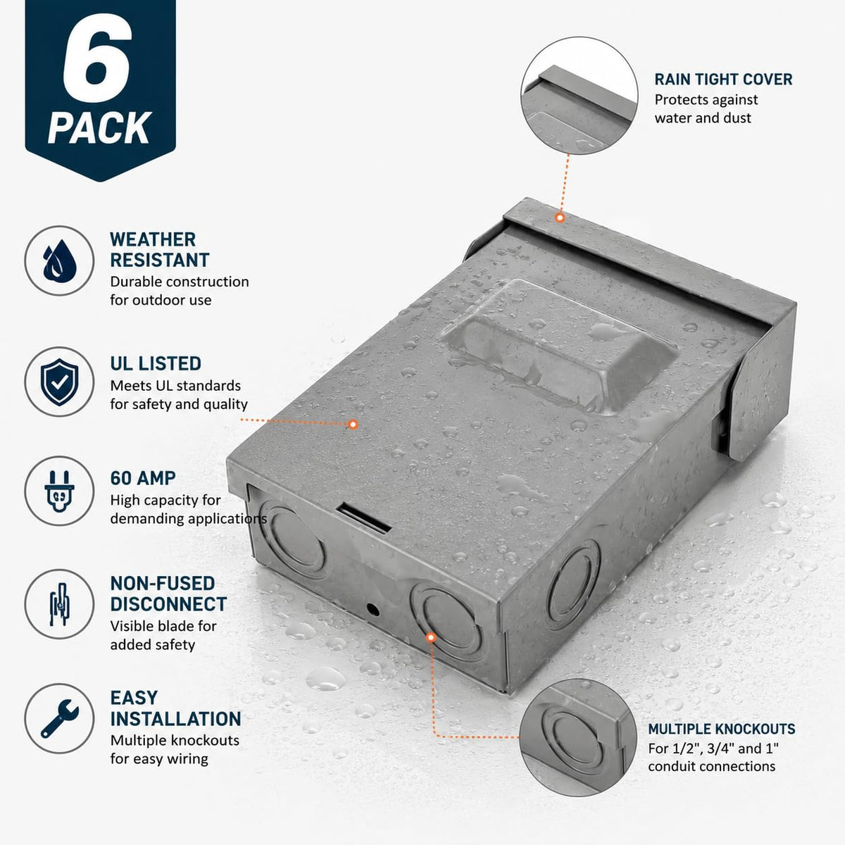 6 Pack AC Disconnect Boxes 60A Non-Fused, Pull-Out HVAC Disconnect Switch for Outdoor Air Conditioner Units