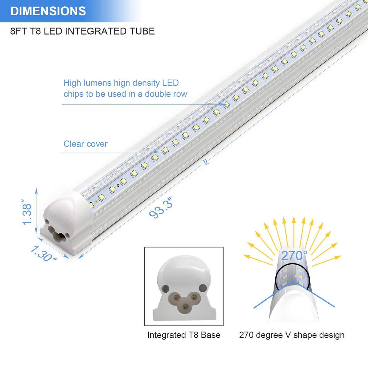 10-Pack 8ft LED Shop Light Fixture - 90W T8 Integrated LED Tube Light - 6500K 12000LM V-Shape Linkable - High Output - Clear Cover - Plug and Play