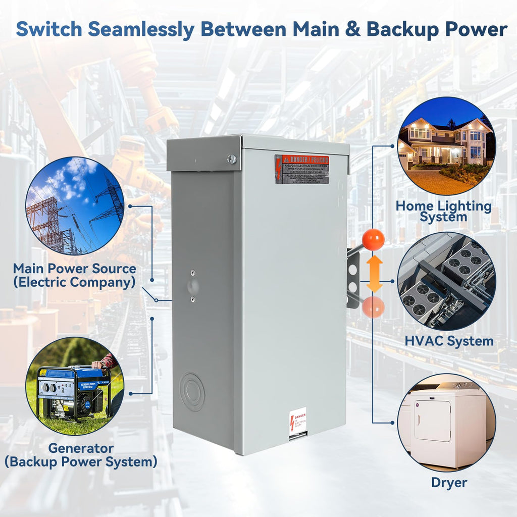 100 Amp Manual Transfer Switch, 24000W, 120/240V, 10-Year Warrnaty