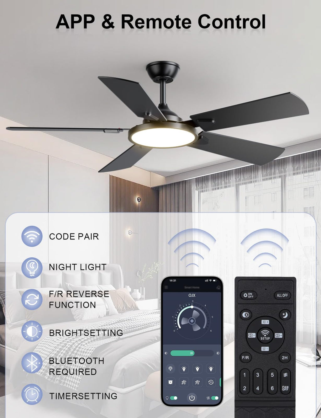 OJX 52 Inch Ceiling Fans with Lights and Remote/APP Control