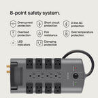 Belkin Surge Protector Power Strip w/ 8 Rotating & 4 Standard Outlets - 8ft Sturdy Extension Cord w/Flat Pivot Plug for Home, Office, Travel, Desktop