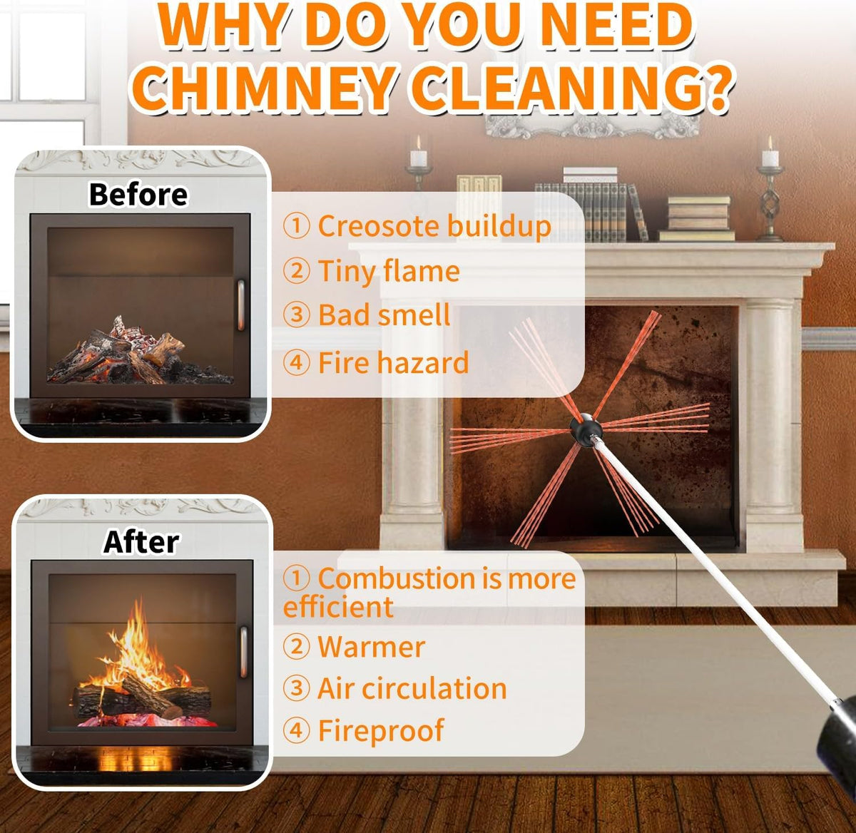Sealegend 30FT Chimney Sweep Kit Rotary Flexible Cleaning Brush with 9 Rods