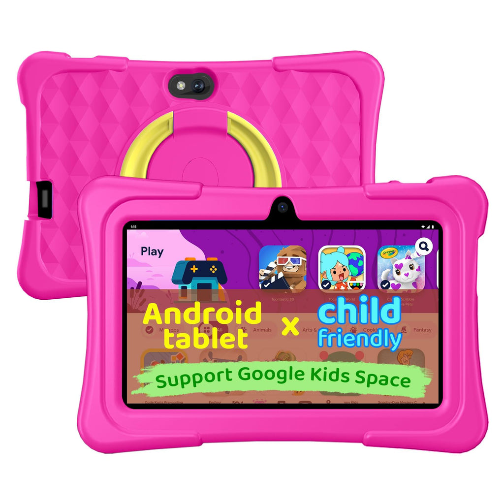 Kids Tablet, 7 inch Android Tablet for Kids, 6GB+32GB 1TB Expand, Quad-Core Tablets with Case, BT, WiFi, Parental Control, Games, Dual (Rose)