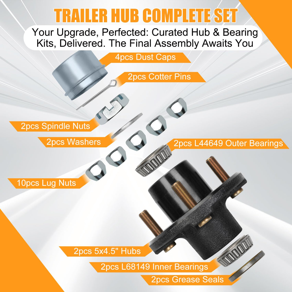 2 Sets 3500Lbs Axle Trailer Hub Kit 5 Bolt 4.5",5 Lug Trailer Hub Fit 1-1/16" to 1-3/8" Trailer Tapered Spindle,Boat Trailer Hubs 5 Lug,Trailer Wheel
