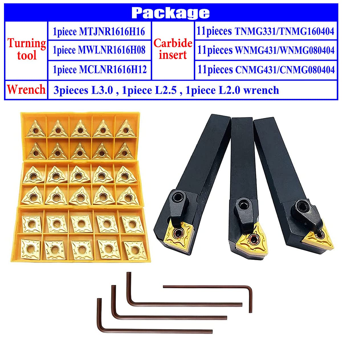 5/8" 36PCS Indexable Carbide Lathe Turning Tool Insert Holder Bit Set MTJNR1616H16 + MWLNR1616H08 + MCLNR1616H12 with CNMG 431 + WNMG 431 + TNMG 331