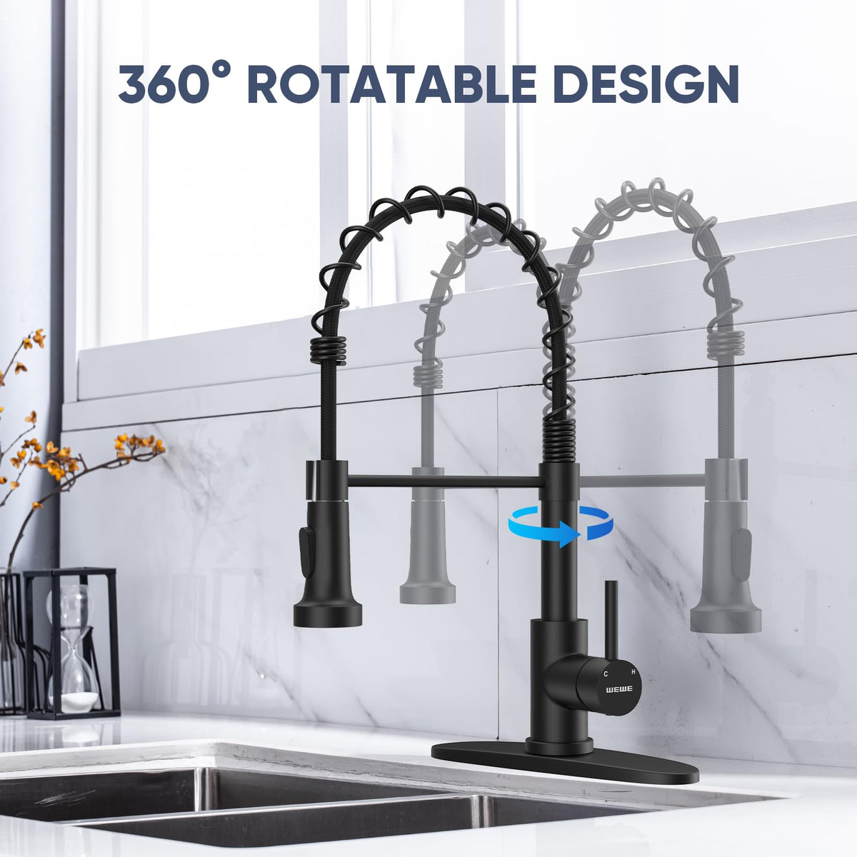 WEWE Black Kitchen Faucet with Pull Down Sprayer, High Arc Bar Sink Faucet