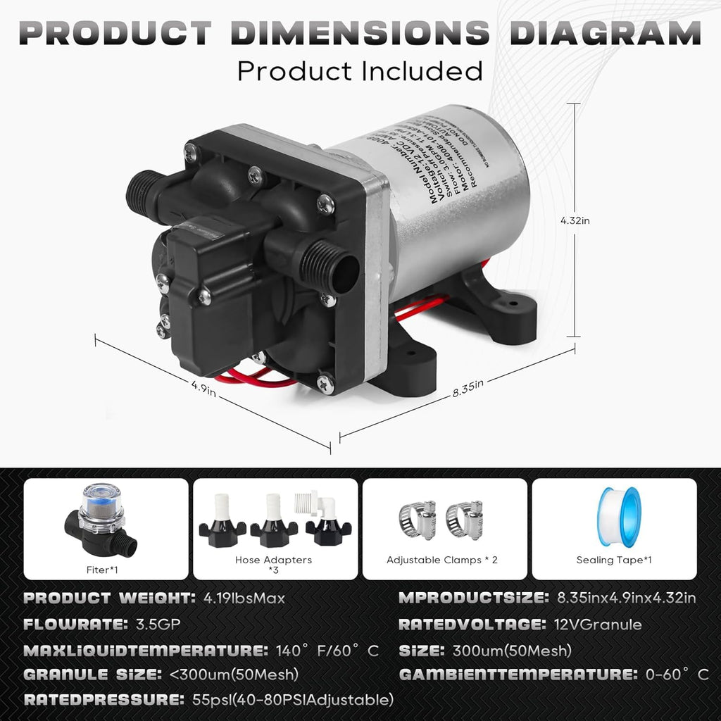 12V RV Water Pump 4008-101-A65/E65 | 3.0 GPM - 55 PSI | Camper RV Water Pump | Self-Priming & Quiet Diaphragm Pump | Thermal Protection & Dry Run