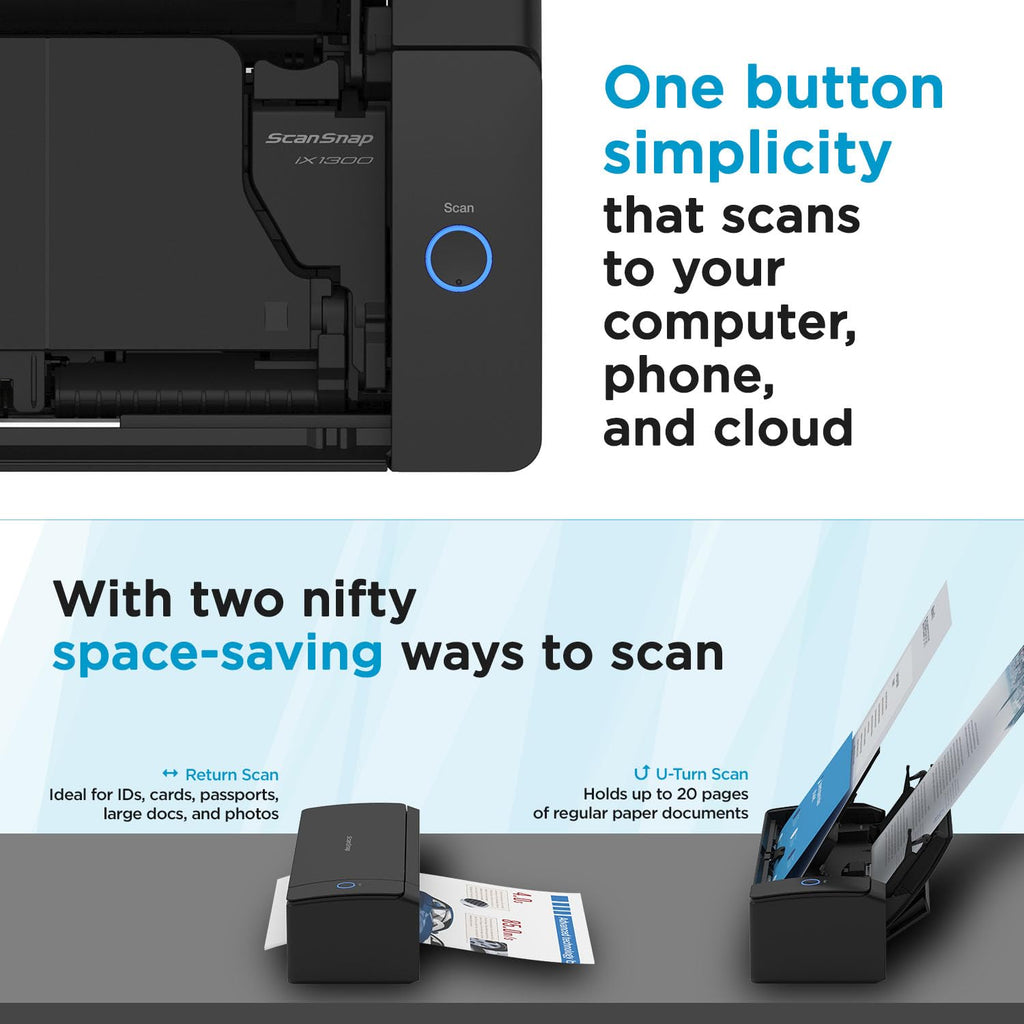 ScanSnap iX1300 Wireless or USB Double-Sided Color Document Scanner, Black