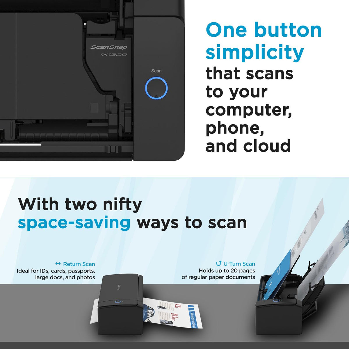 ScanSnap iX1300 Wireless or USB Double-Sided Color Document Scanner, Black