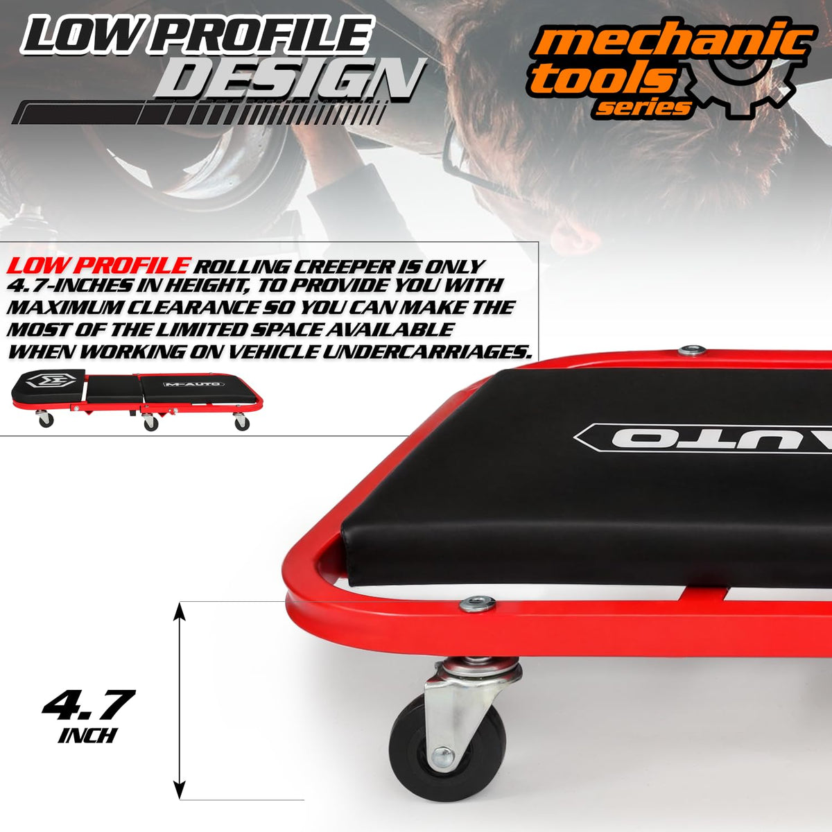 M-AUTO Foldable Z Creeper 2-in-1 Rolling Folding Car Creeper & Seat, 36" Adjustable Roller Garage Chair Lay Down or Sit, 330LBS Capacity Under Car