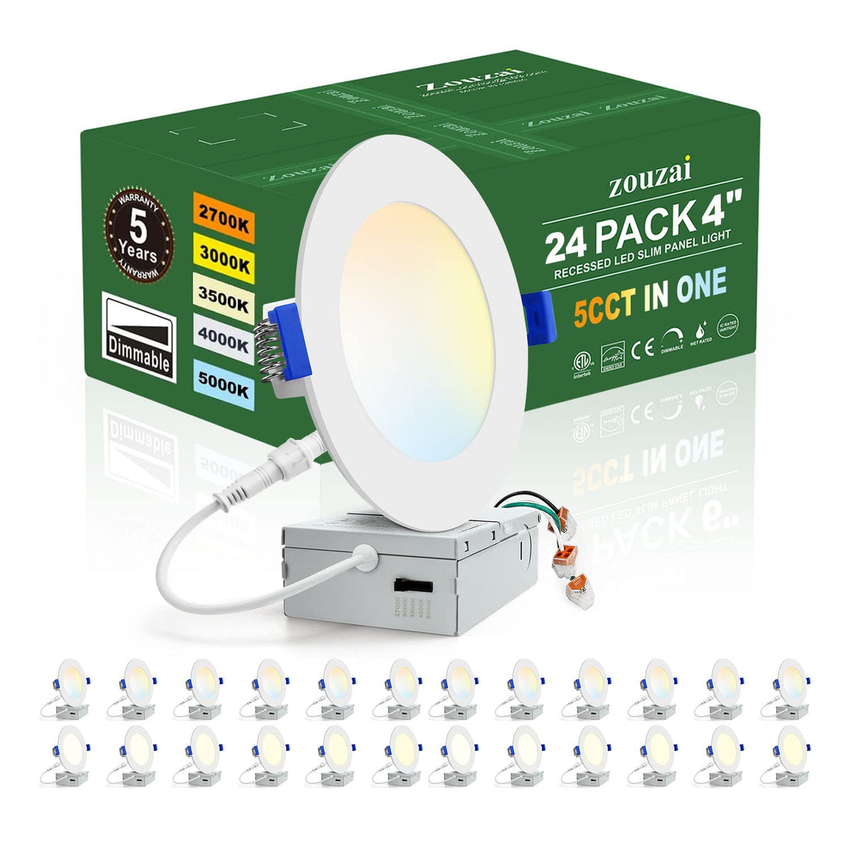 24 Pack 4 Inch LED Recessed Ceiling Light, 5CCT, Dimmable, White