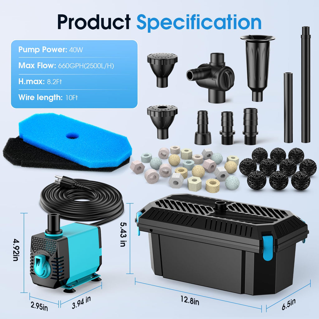 Pond Filter with Pump Fountain Kits, 660GPH Pond Filter with 40W Pond Pump & Fountain Kit, Koi Pond Filters for Outdoor Ponds Clean, Clear, and Add