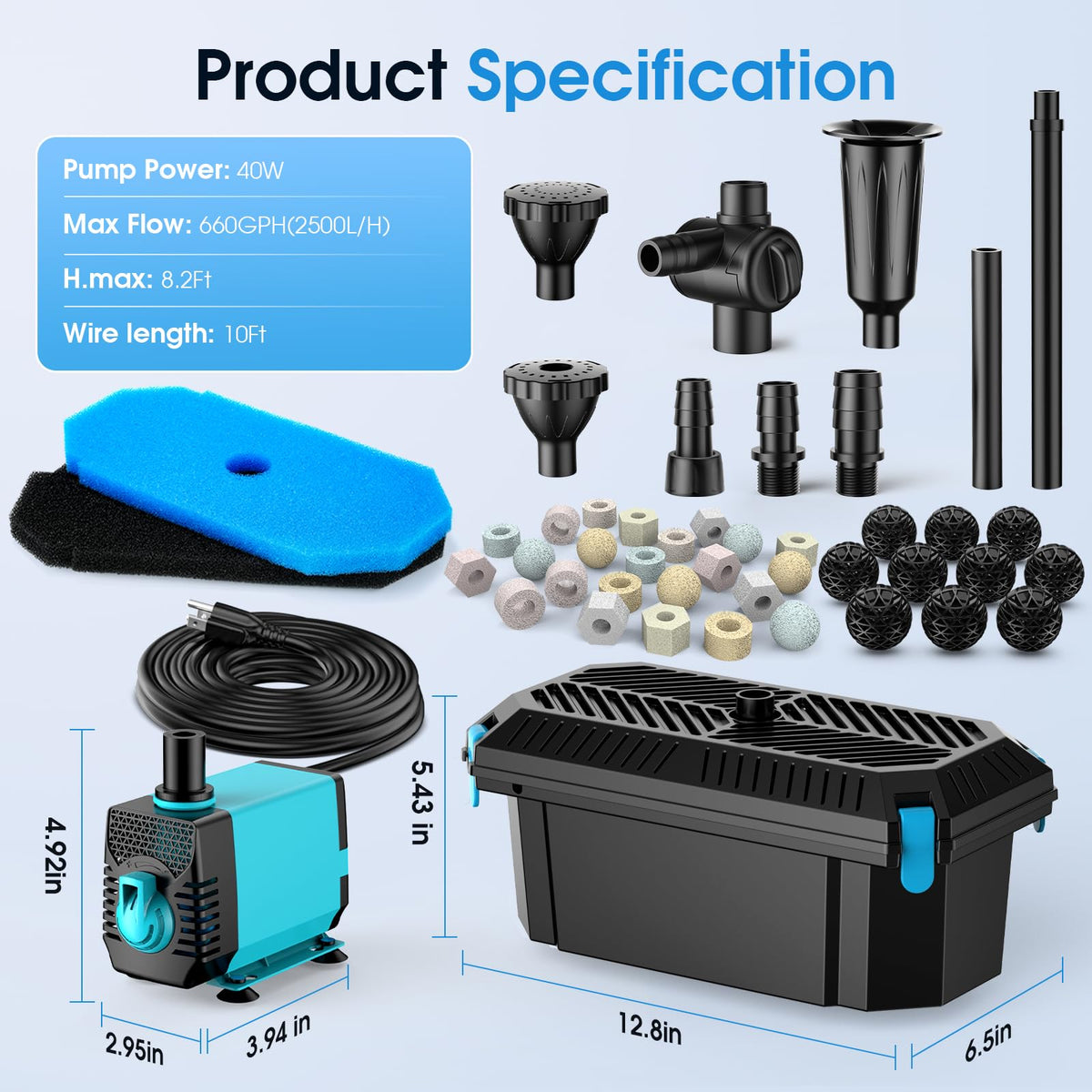 Pond Filter with Pump Fountain Kits, 660GPH Pond Filter with 40W Pond Pump & Fountain Kit, Koi Pond Filters for Outdoor Ponds Clean, Clear, and Add