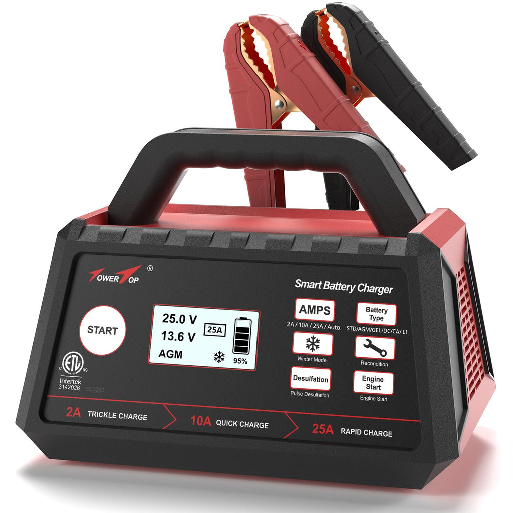 TowerTop 2/10/25 Amp 12V Smart Car Battery Charger, Fully Automatic Battery Maintainer with Engine Start, Auto Desulfator, Battery Repair, Winter