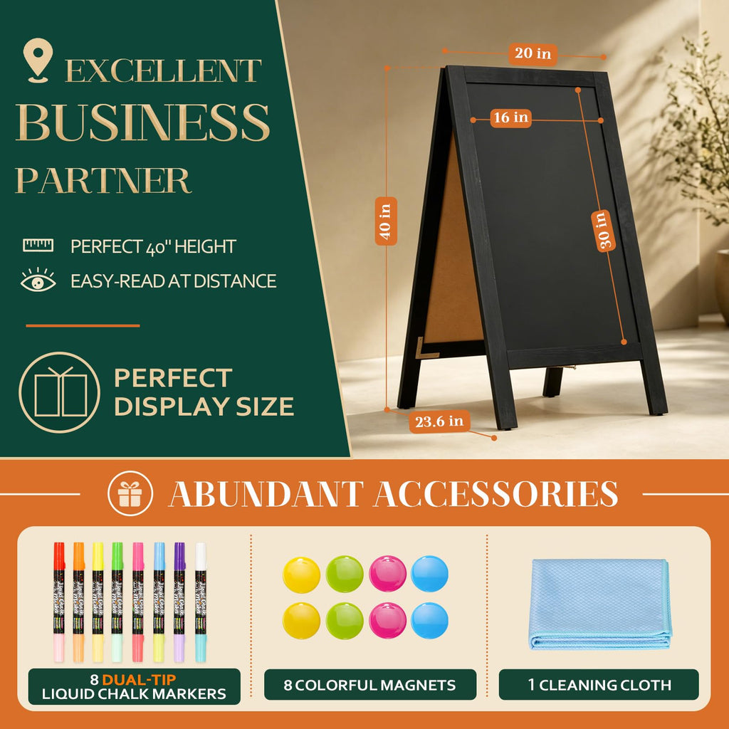 4 THOUGHT A-Frame Double-Sided Magnetic Chalkboard 40"x20", Black