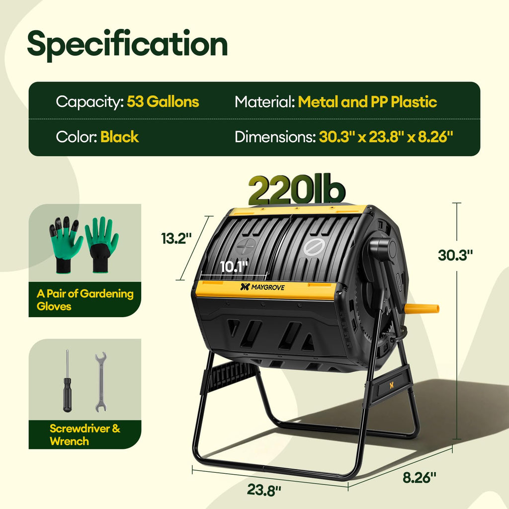 Outdoor Compost Bin 53 Gallon, Dual Chamber Large Compost Tumbler for Garden Backyard, with 360° Rotating, Sliding Doors & Solid Steel Frame, Updated