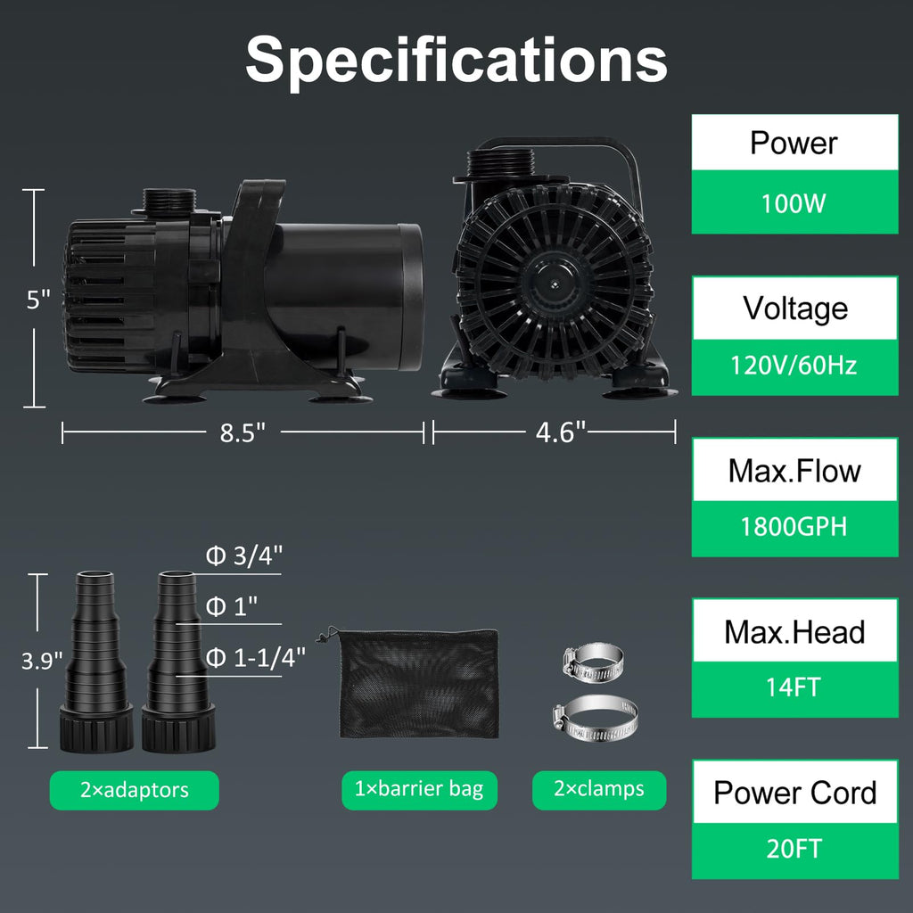 1800 GPH Pond Pump, 100W for Fish Ponds, Fountains & Waterfalls