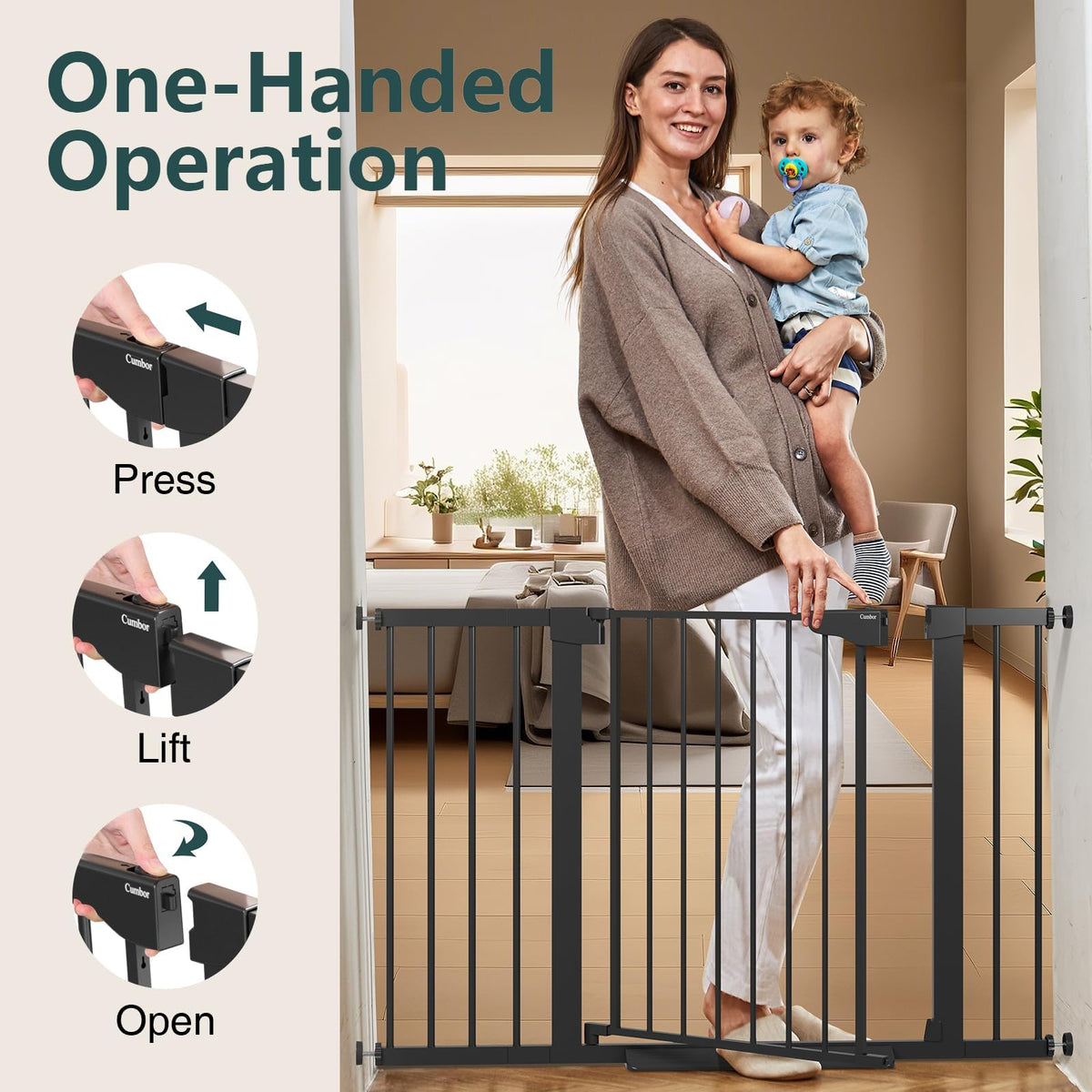 Cumbor 30-48 in Baby Gate for Stairs, Auto Close Dog Gate Indoor, Black