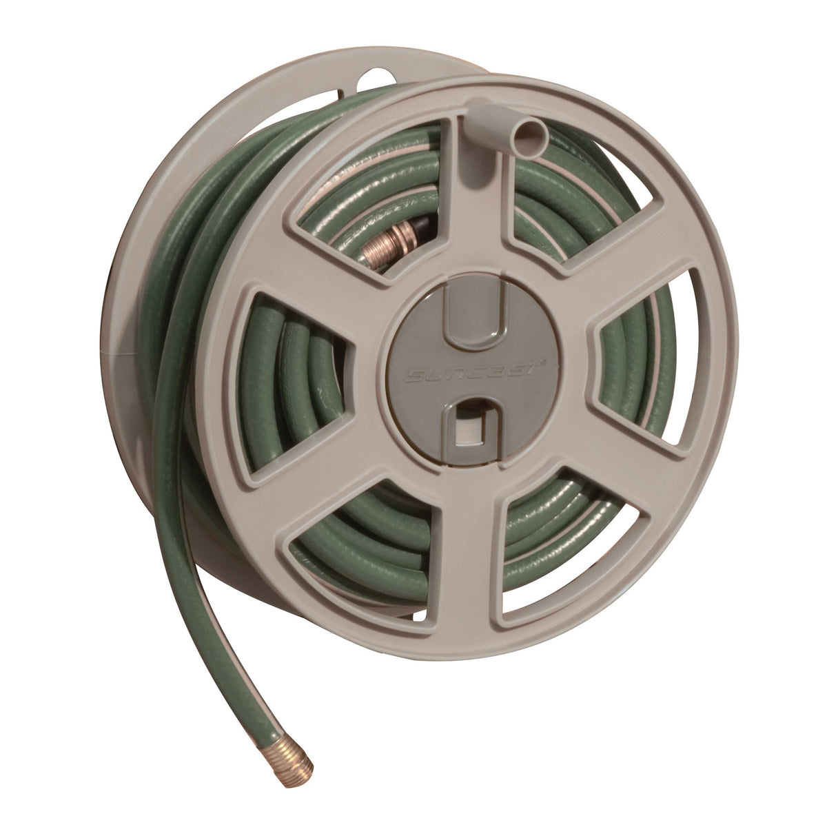 Suncast Sidewinder Wall Mount Garden Hose Reel, 100 Feet Capacity for 5/8 Inch Standard Vinyl Hosepipe, Light Taupe – Resin Water Line Holder for
