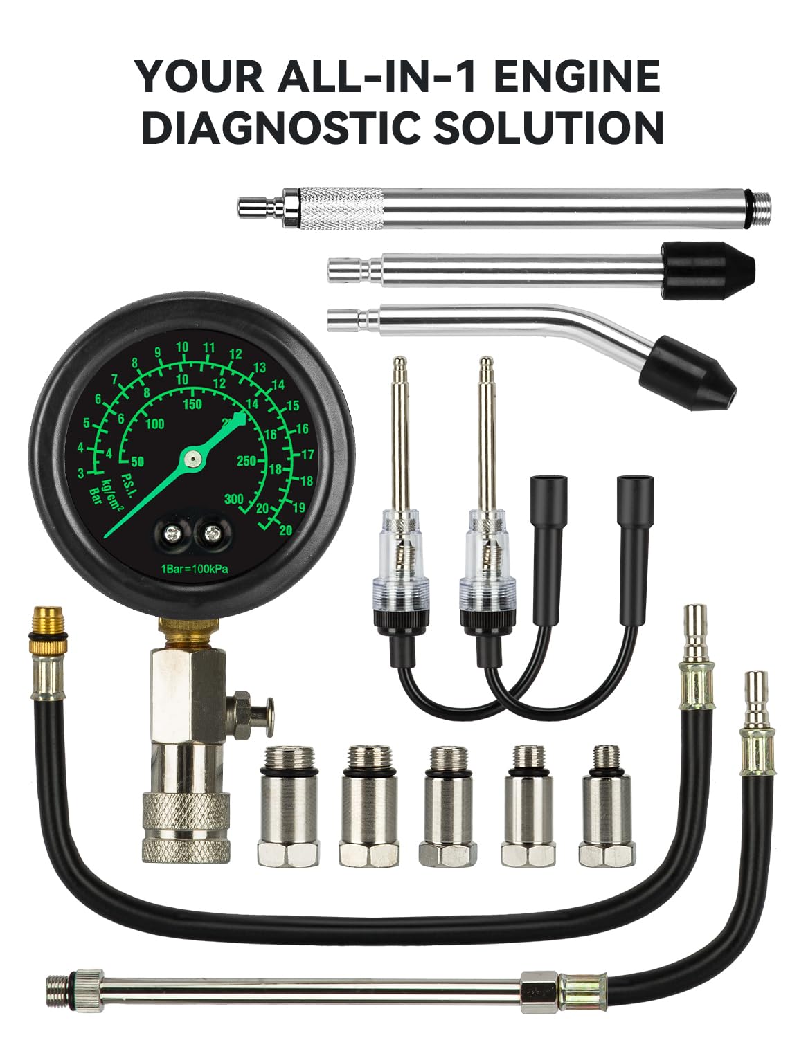 Professional Compression Tester Kit with Fluorescent Gauge – 300 PSI Triple-Scale, 2 Spark Plug Testers, 13-Piece Set for Car, Truck, ATV & Small Gas
