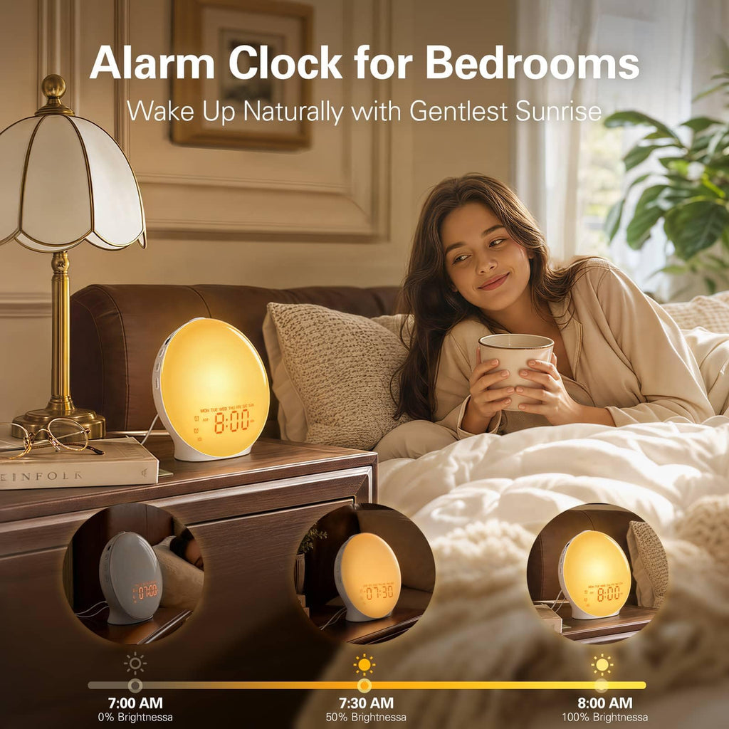 JALL Sunrise Alarm Clock for Bedrooms, Full-Screen Wake Up Light for Heavy Sleepers, White Noise Sound Machine, 25 Nature Sounds, 17 Light Modes, FM