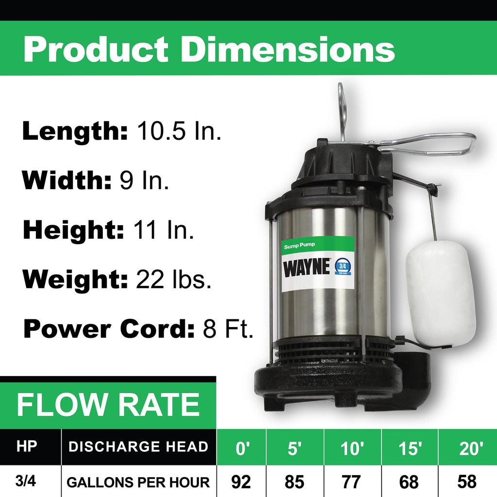 WAYNE CDU980E 3/4 HP Submersible Sump Pump – Cast Iron & Stainless Steel, Vertical Float Switch, 5,490 GPH, 5-Year