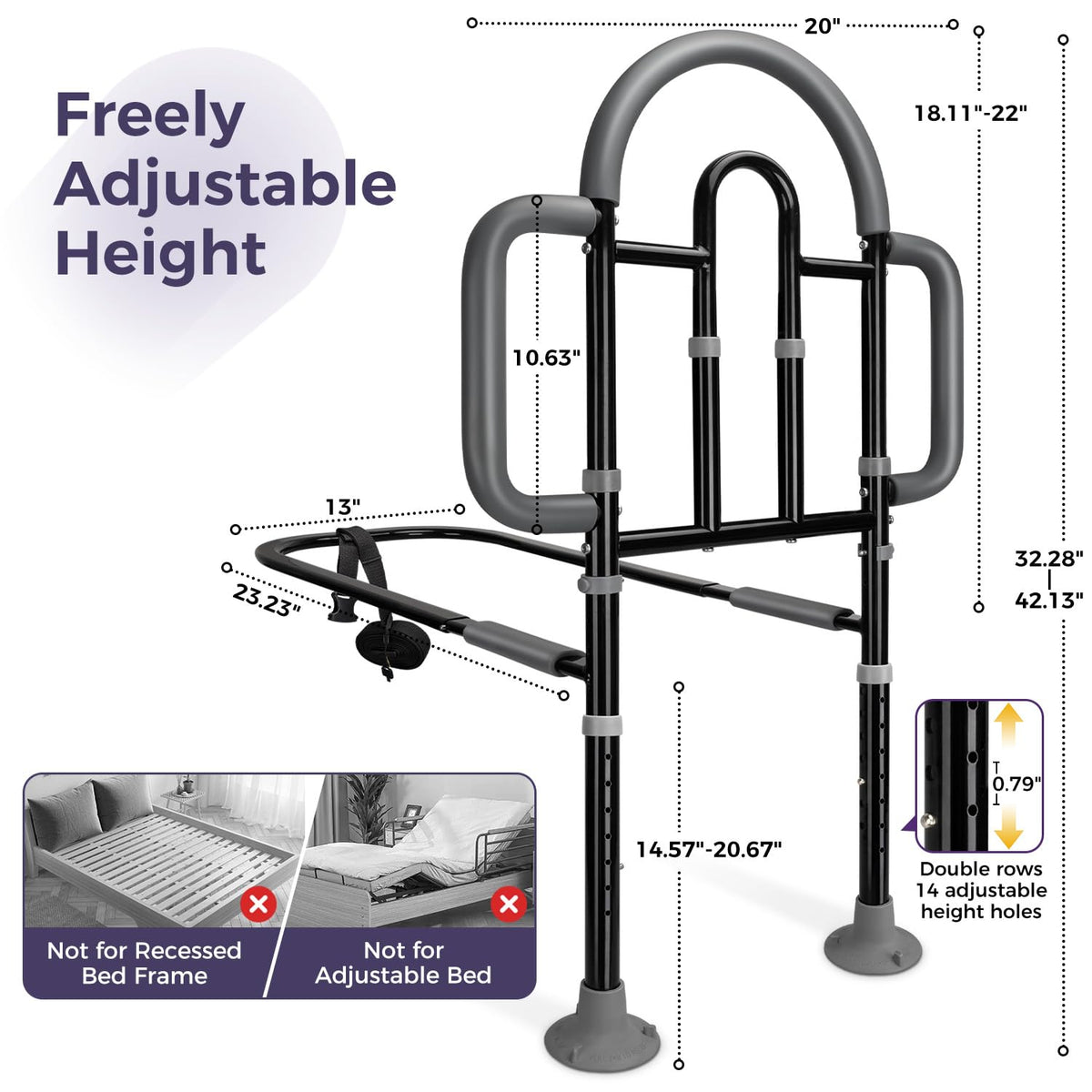 Bed Rails for Elderly Adults, 400lbs Load with Motion Sensor Light