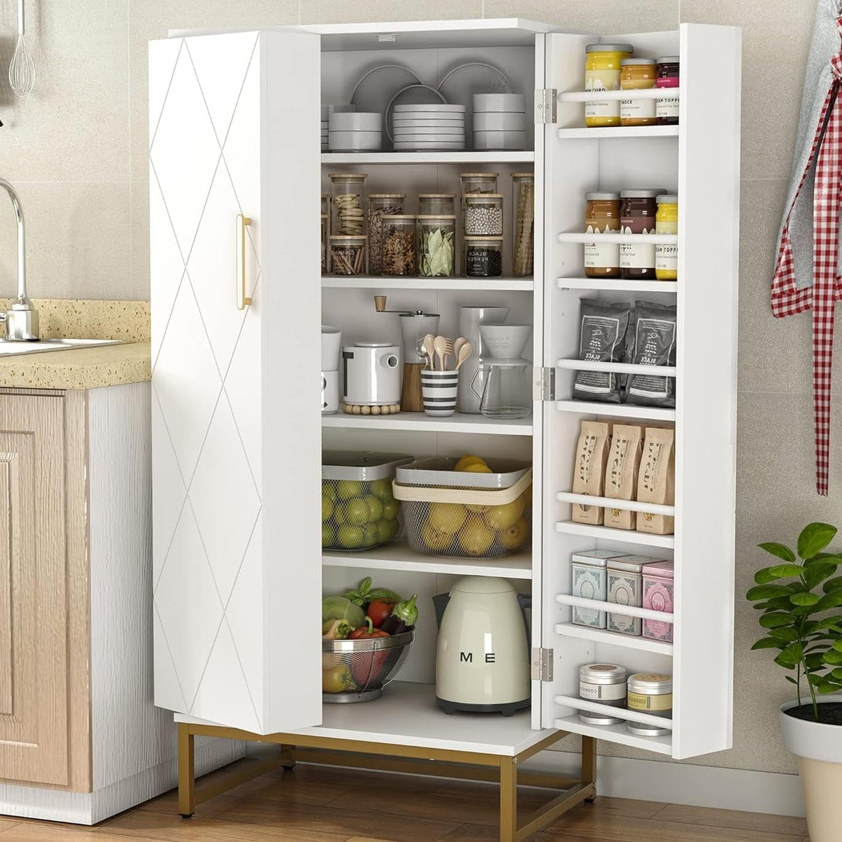 kepptory Pantry Storage Cabinet With Doors, 26 inch W x 16 inch D x 47 inch H, White - vsbcxzbsd