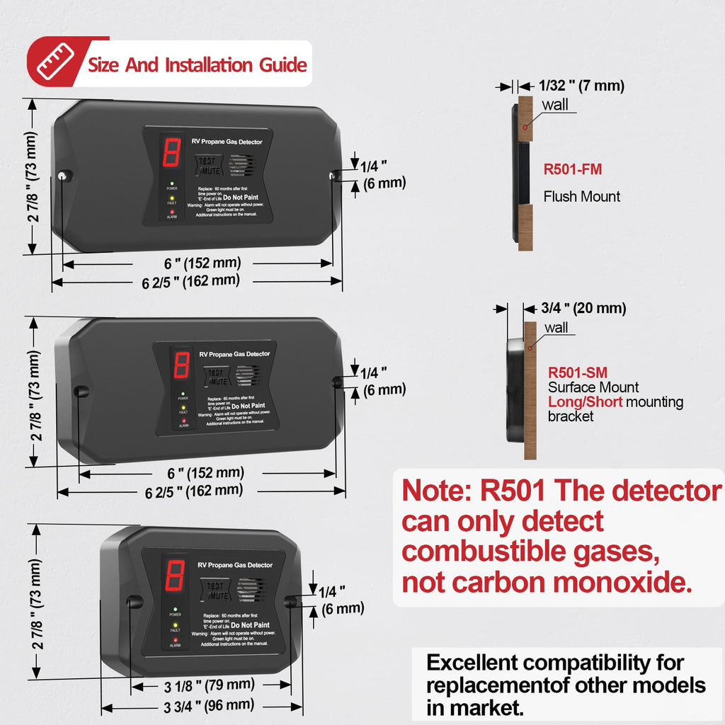 RV Propane Gas Detector, Hardwired-12V DC with 3 Different Brackets for RVs,R501