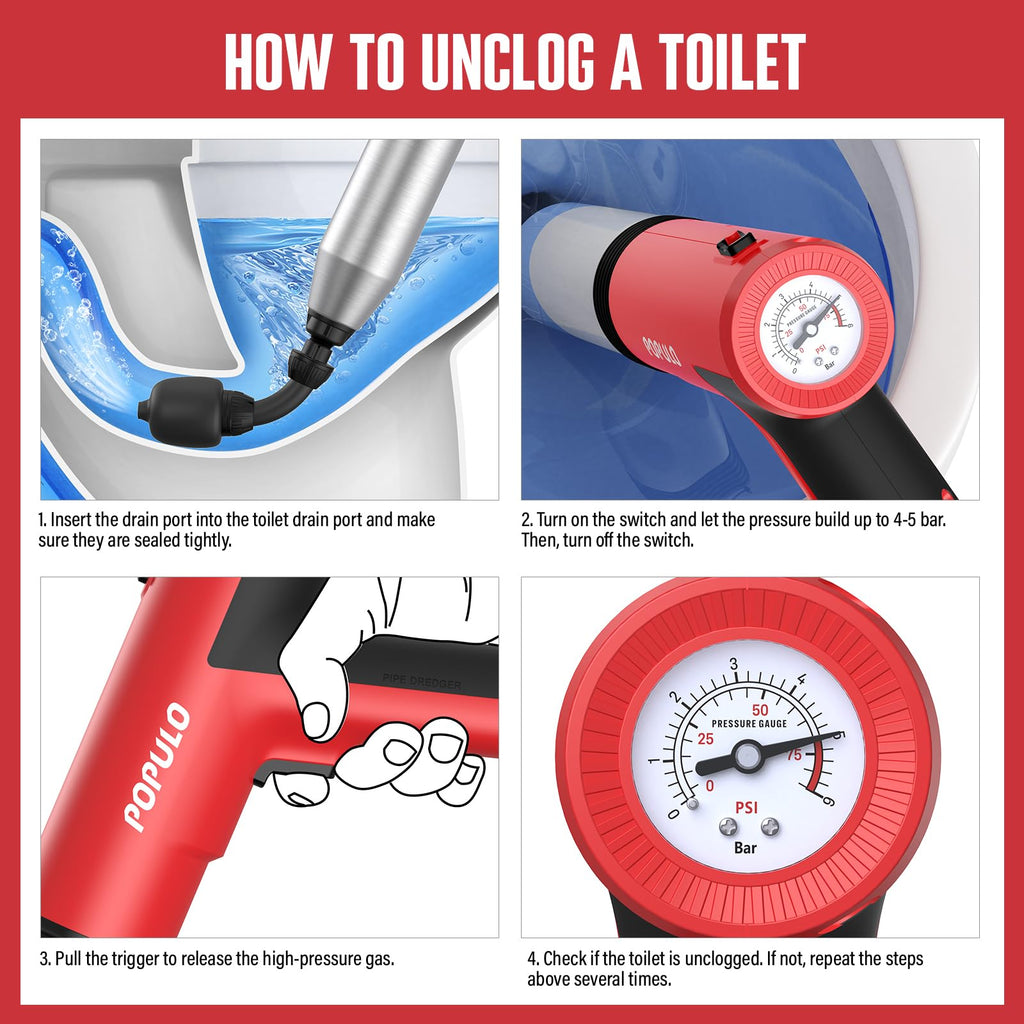 POPULO Electric Toilet Plunger, 5 Bar Air Clog Remover with Built-In Pump