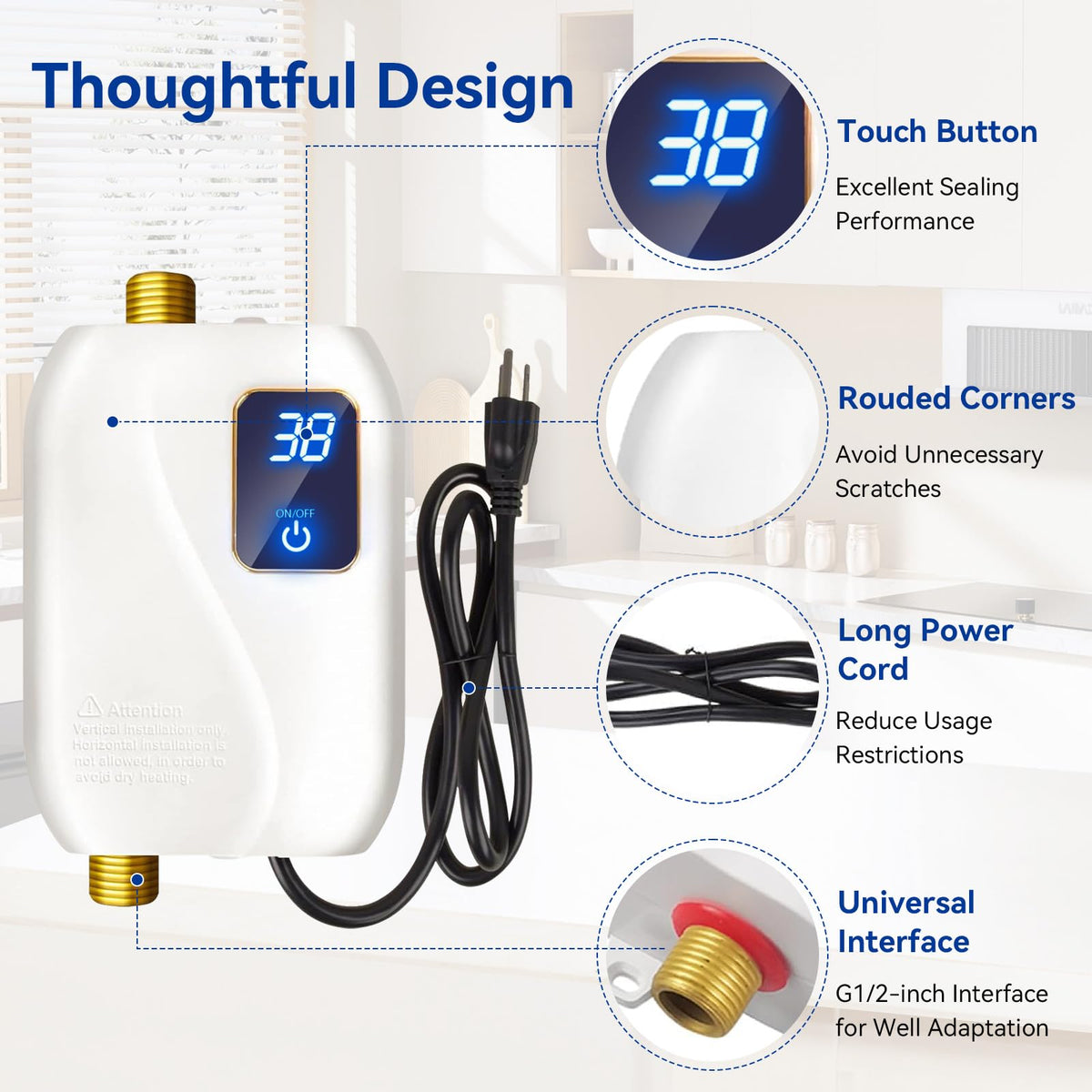 110V Tankless Water Heater Electric, 3000W Tankless Electric Water Heater Instant, Under Sink Water Heater with Digital Display, On Demand Hot Water